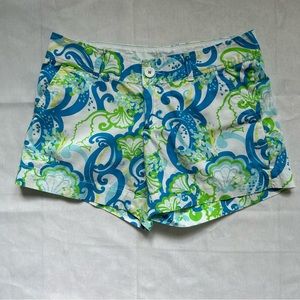 Lilly Pulitzer Callahan shorts in a blue, green, and yellow print. Size 4